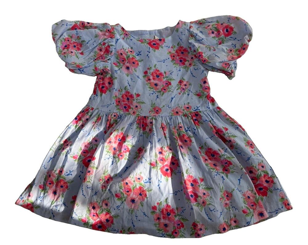 Janie and Jack Girls Fit & Flare Knee Dress Blue Pink Floral Puff Sleeve 5